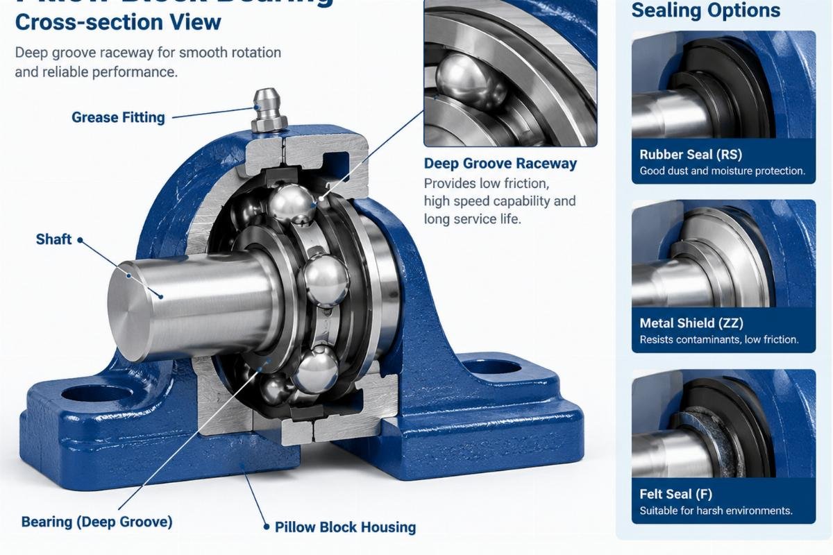 Cross-section of aligning pillow block showing deep groove raceway and sealing options