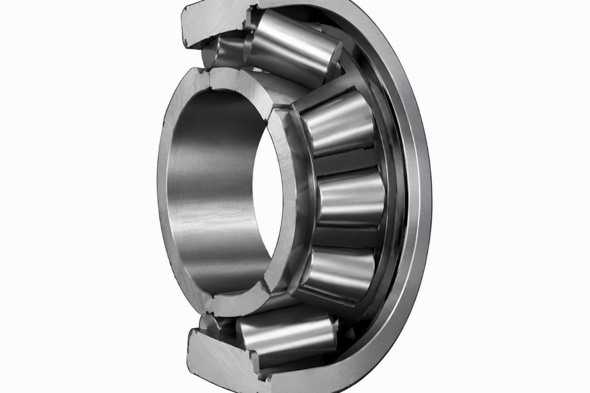 Cross-section of open type tapered roller bearing showing single row arrangement