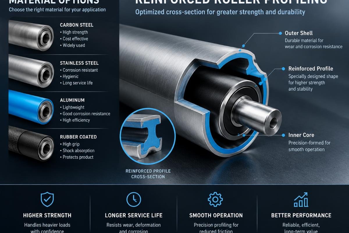 Cross-section showing material options and reinforced roller profiling