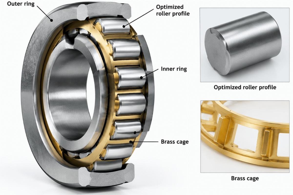Cross section showing optimized roller profile and brass cage
