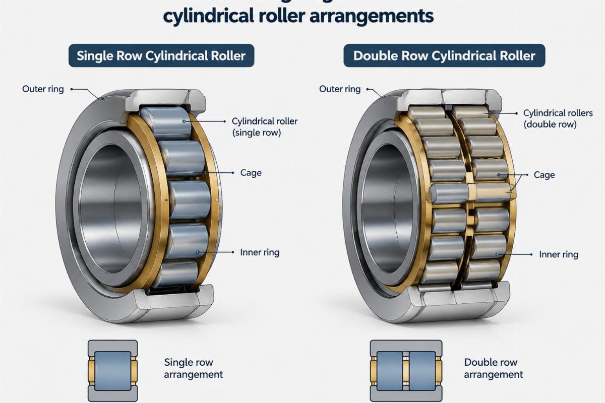 Cross-section showing single and double row cylindrical roller arrangements