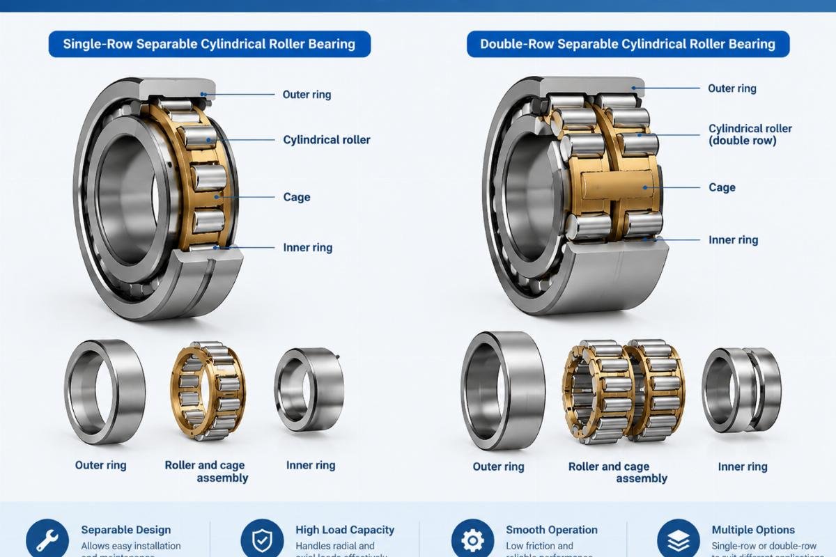 Cross-section showing single-row and double-row separable cylindrical roller bearing options
