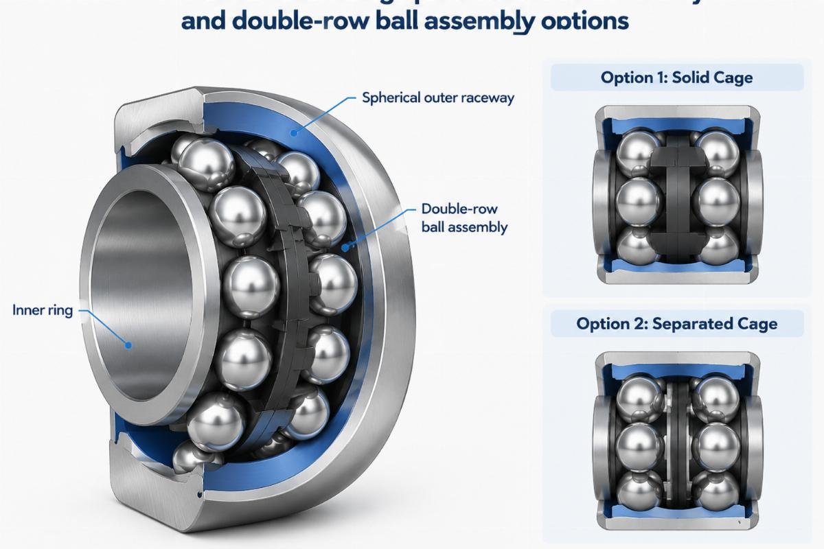 Cross-section showing spherical outer raceway and double-row ball assembly options