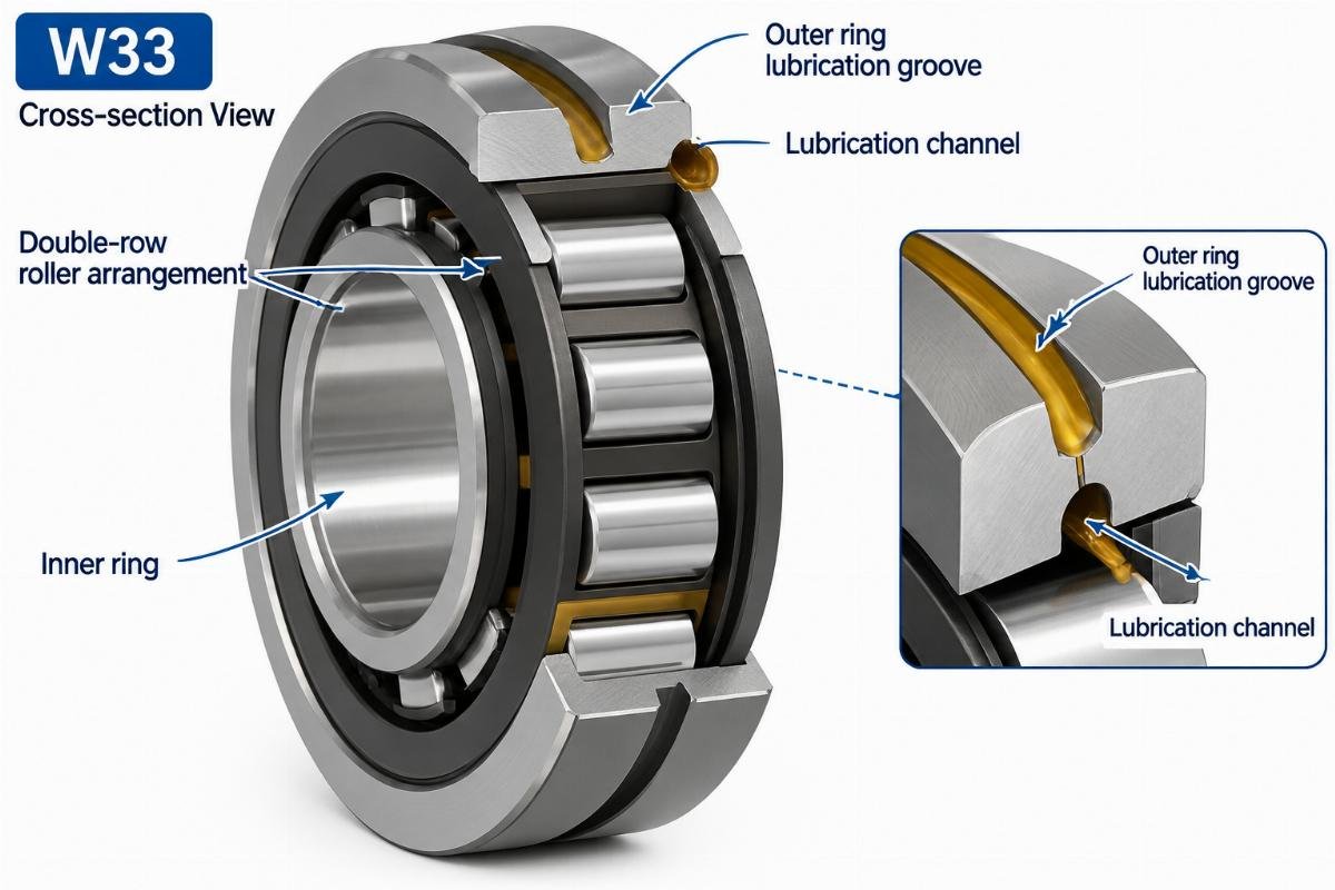Cross-section showing the W33 outer ring lubrication groove and double-row roller arrangement