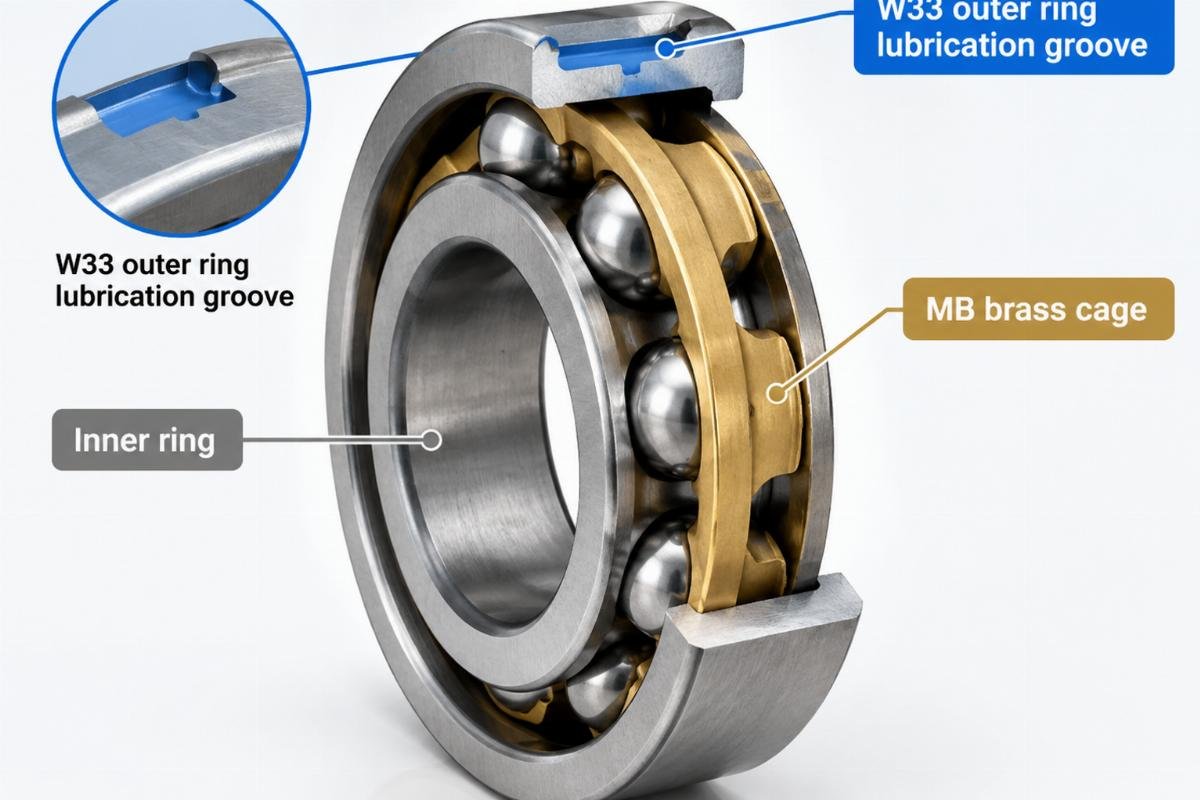 Cross-section showing W33 outer ring lubrication groove and MB brass cage