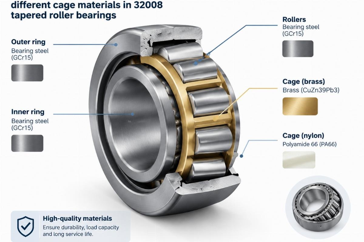 Cross-section view highlighting different cage materials in 32008 tapered roller bearings