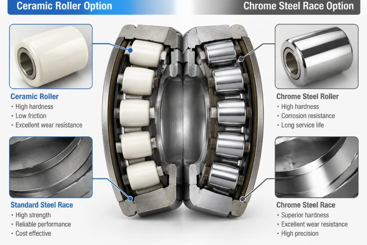Cross-section view illustrating ceramic roller and chrome steel race material options
