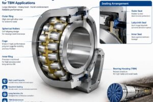 Cross-section view of a large diameter spherical roller bearing showing internal geometry and sealing arrangement for TBM applications