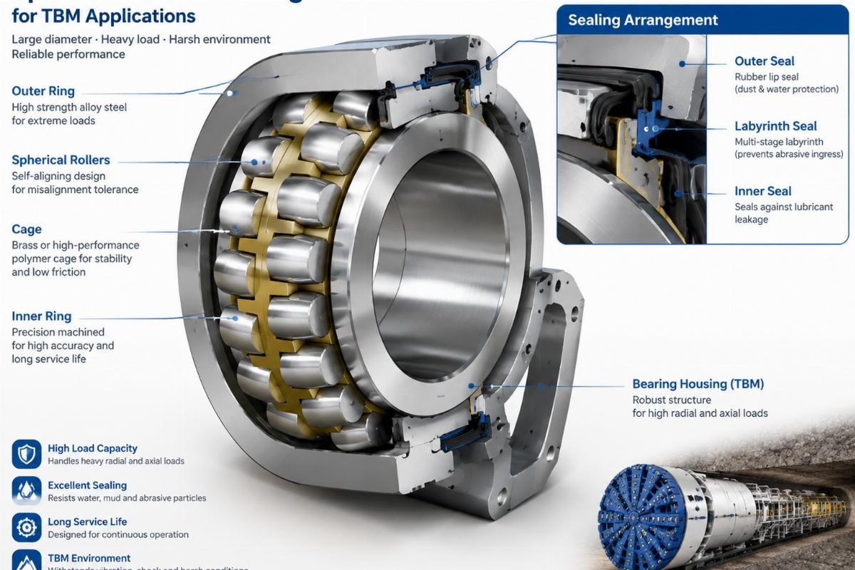 Cross-section view of a large diameter spherical roller bearing showing internal geometry and sealing arrangement for TBM applications