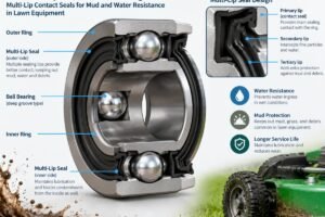 Cross-section view of a sealed deep groove ball bearing showing multi-lip contact seals designed for mud and water resistance in lawn equipment