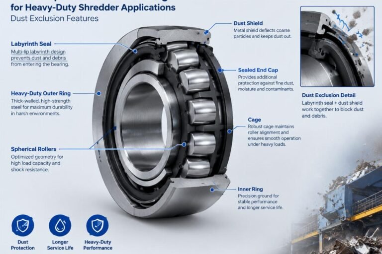 Cross-section view of a sealed spherical roller bearing designed for heavy-duty shredder applications showing dust exclusion features