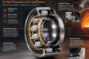 Cross-section view of a sealed spherical roller bearing designed for high-temperature kiln applications showing heat-resistant cage and labyrinth sealing