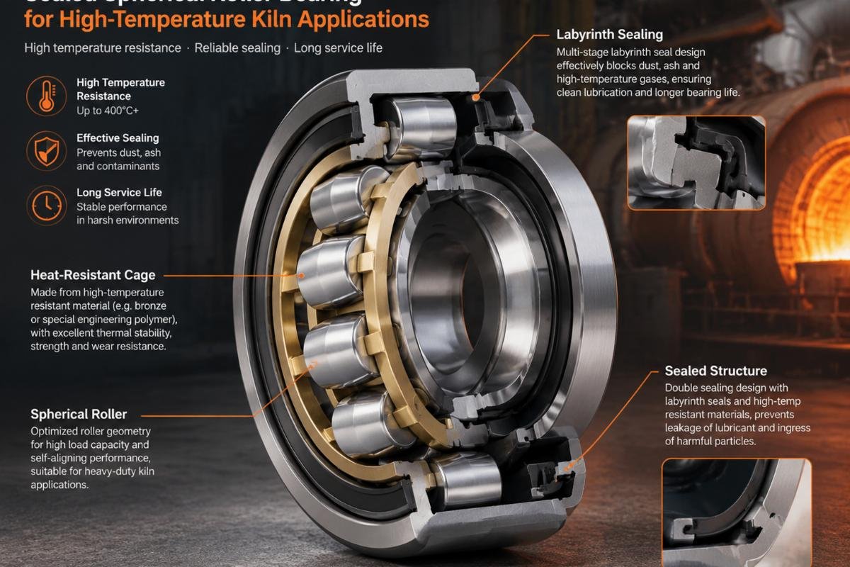 Cross-section view of a sealed spherical roller bearing designed for high-temperature kiln applications showing heat-resistant cage and labyrinth sealing