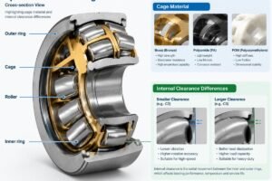 Cross-section view of a spherical roller bearing highlighting cage material and internal clearance differences