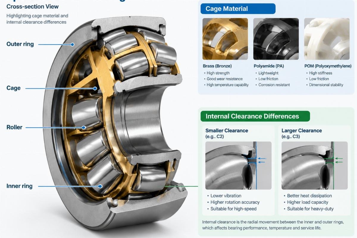 Cross-section view of a spherical roller bearing highlighting cage material and internal clearance differences