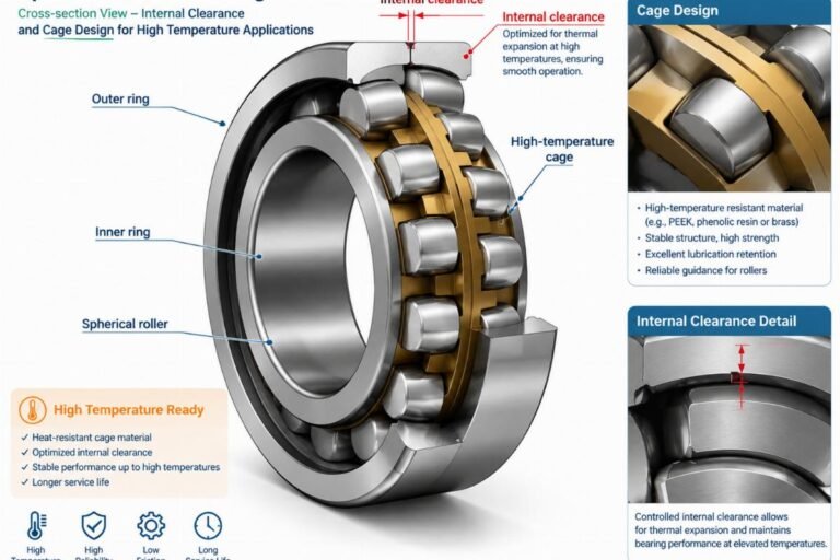Cross-section view of a spherical roller bearing showing internal clearance and cage design suitable for high temperature applications