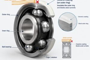 Cross-section view of an insulated bearing showing the ceramic coating on the outer ring to block axial currents