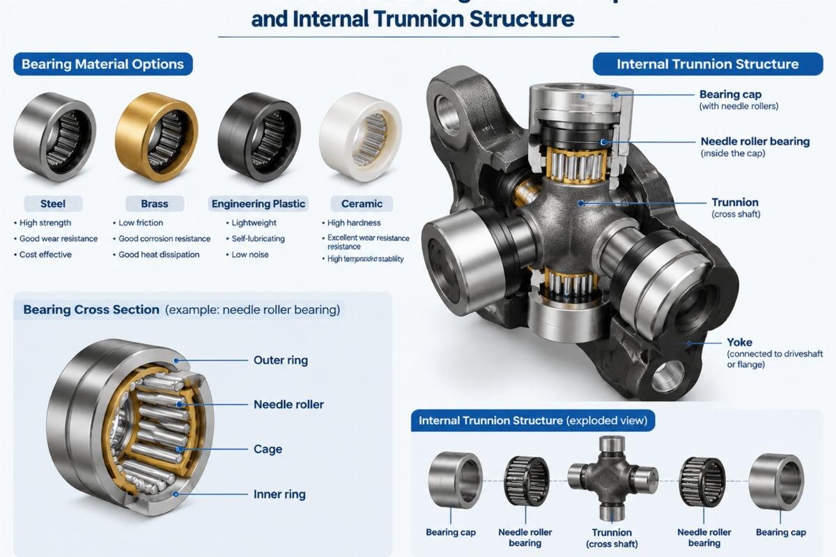 Cross universal joint bearing material options and internal trunnion structure
