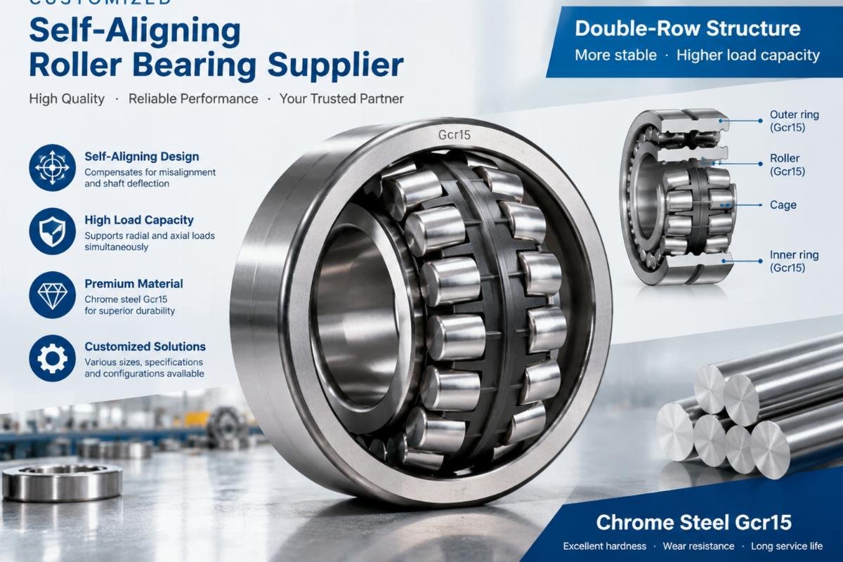 Customized self-aligning roller bearing supplier showcasing double-row chrome steel Gcr15 structure