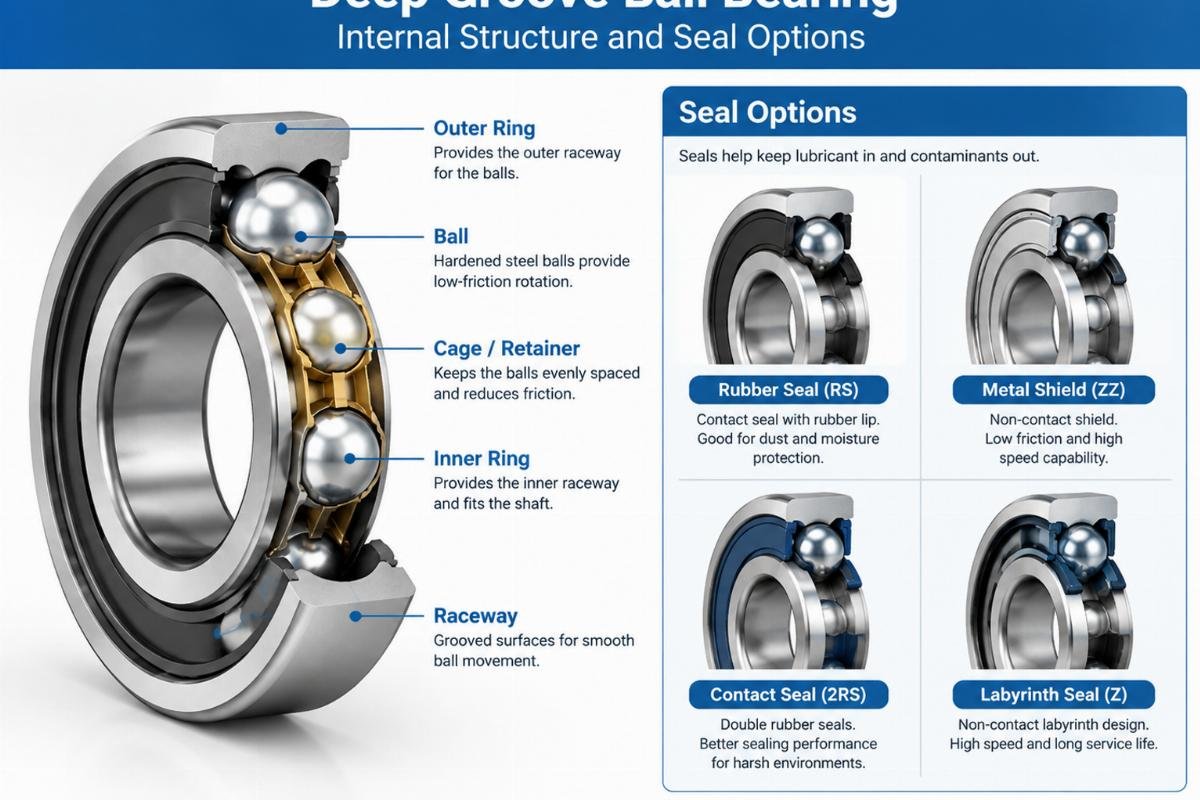 Deep groove ball bearing internal structure and seal options