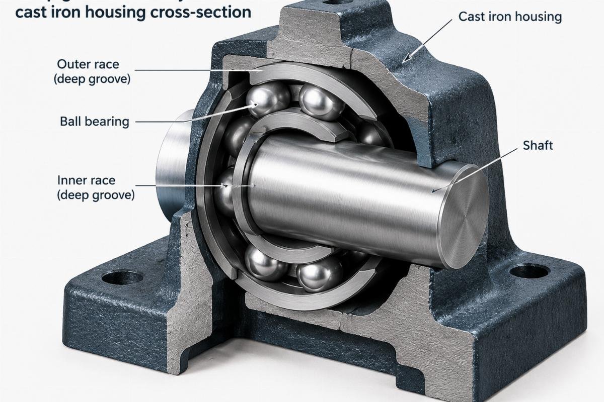 Deep groove raceway and cast iron housing cross-section