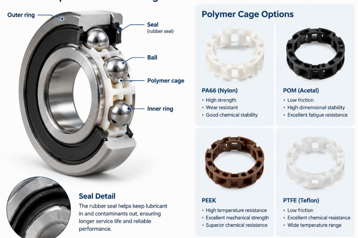 Detailed view of the sealed deep groove ball bearing structure and polymer cage options