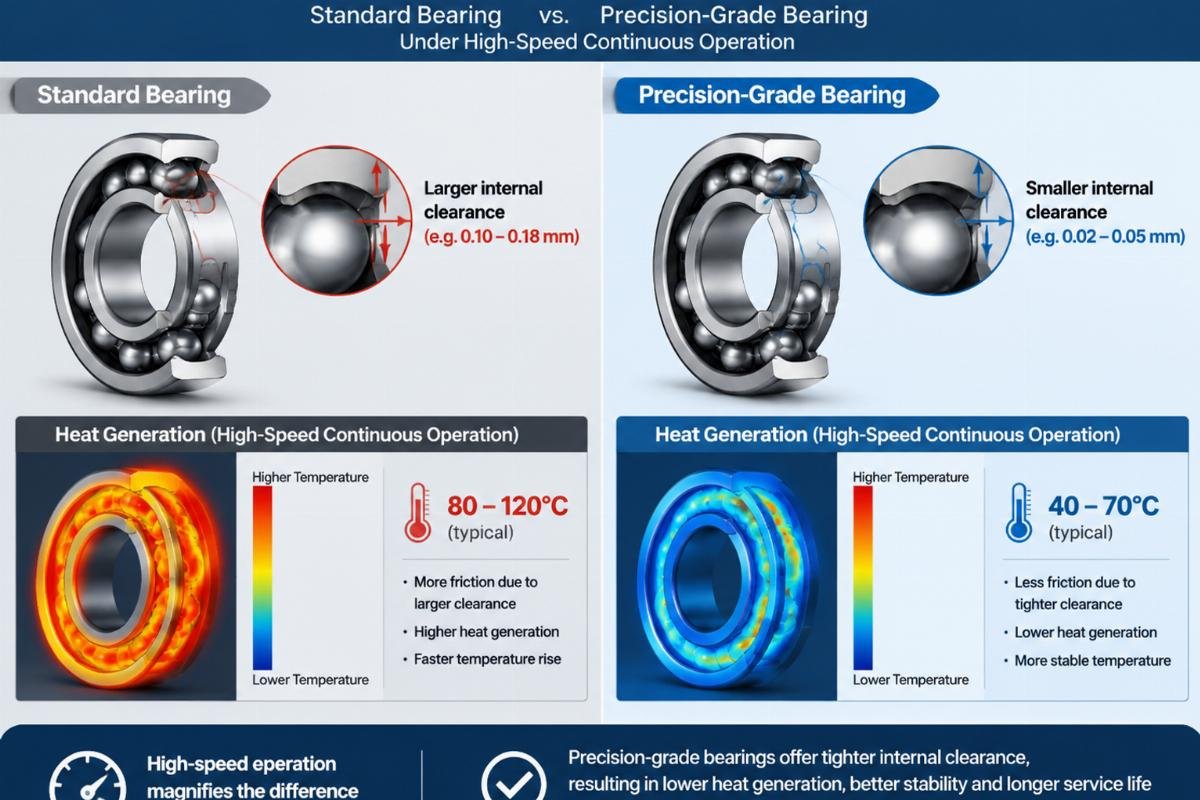 Diagram comparing the internal clearance and heat generation of a standard bearing versus a precision-grade bearing under high-speed continuous operation