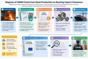Diagram illustrating the flow of CBAM costs from steel production to bearing import clearance