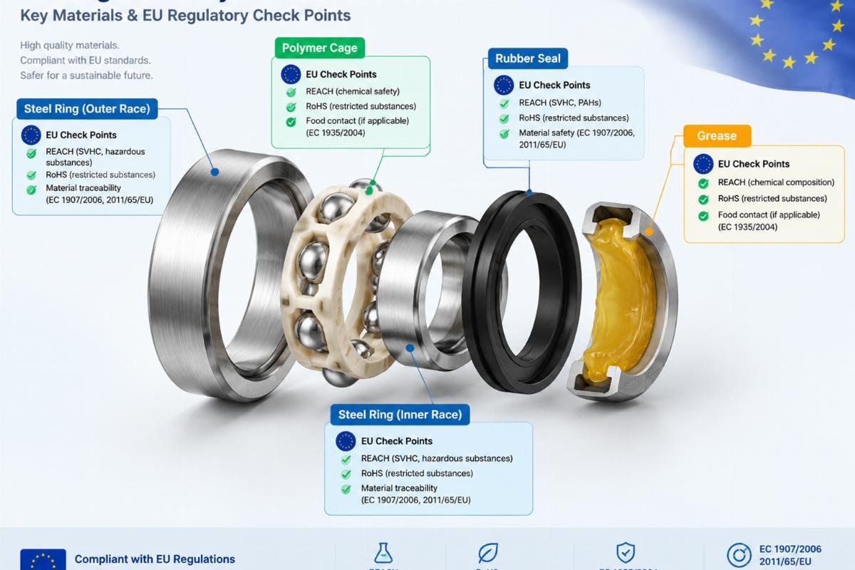 Diagram illustrating the layers of a bearing assembly including steel rings, polymer cage, rubber seal, and grease, each labeled with corresponding EU regulatory check points