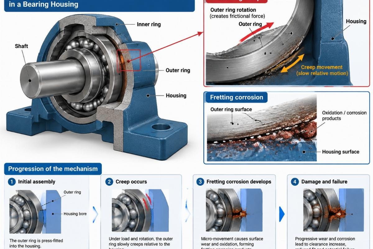 Diagram illustrating the mechanism of outer ring creep and fretting corrosion in a bearing housing