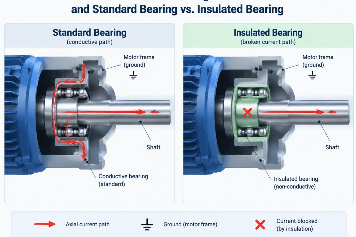 Diagram illustrating the path of axial current through a motor shaft and standard bearing versus an insulated bearing