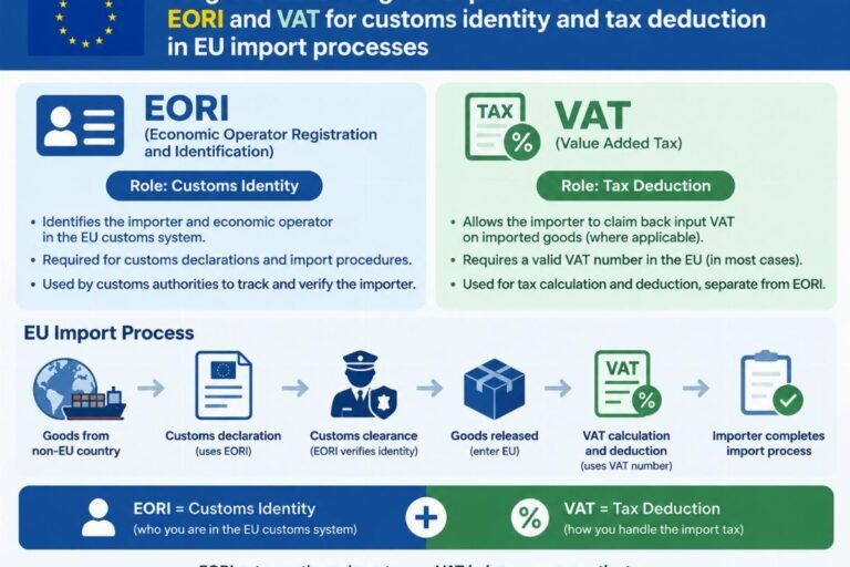 Diagram illustrating the separate roles of EORI for customs identity and VAT for tax deduction in EU import processes