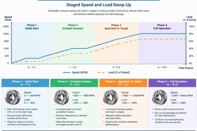 Diagram illustrating the staged speed and load ramp-up phases during the running-in procedure for new bearings
