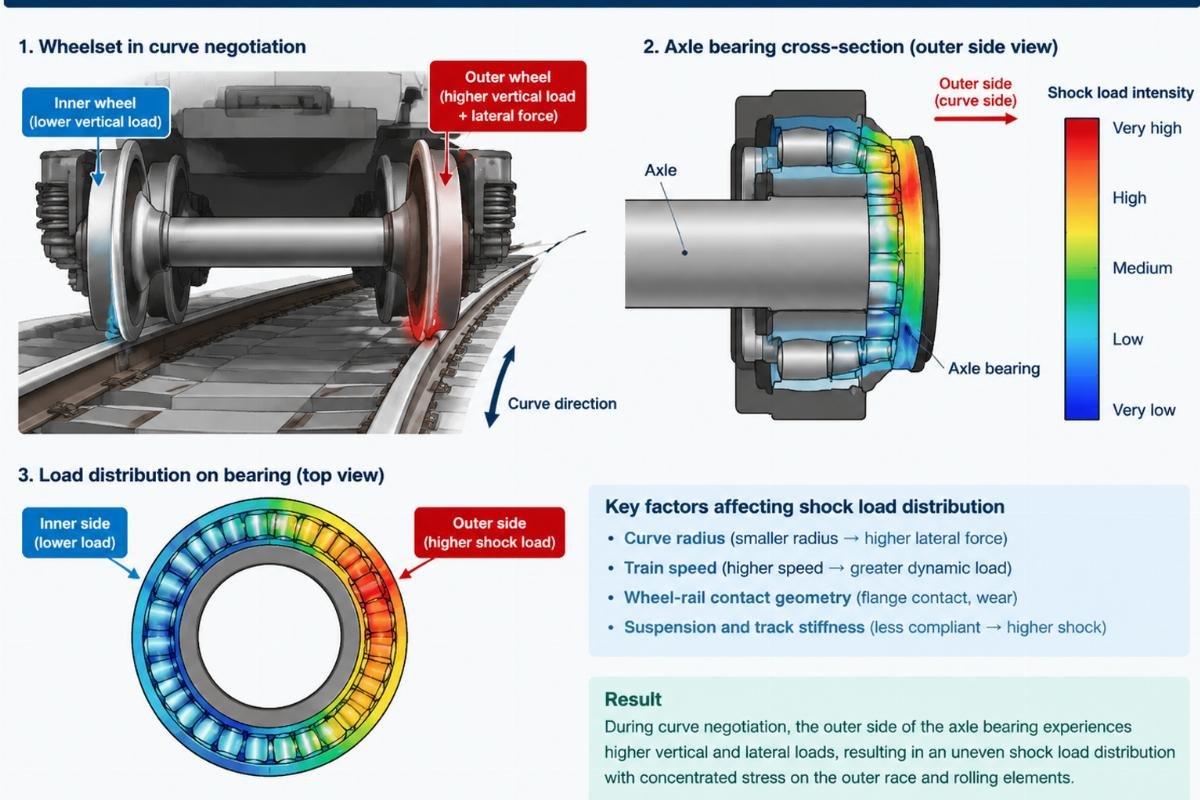 Diagram of shock load distribution on a metro axle bearing during curve negotiation