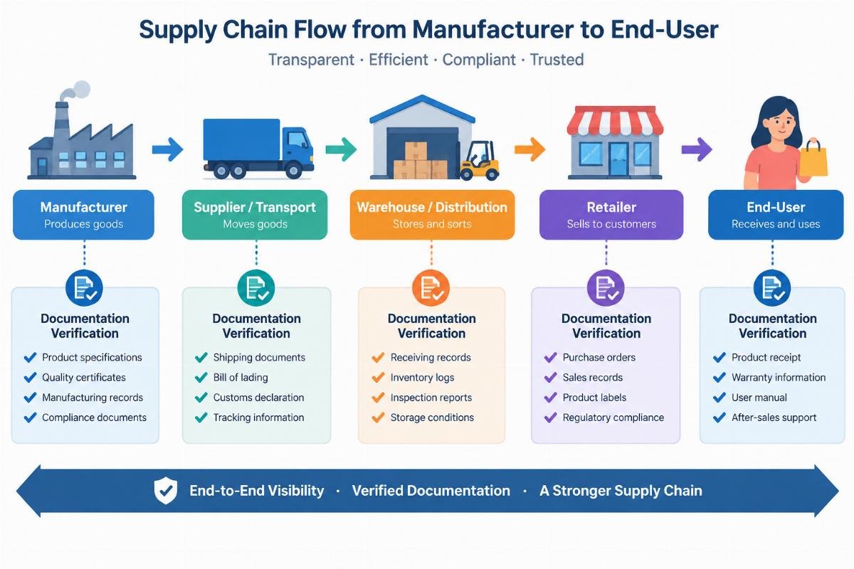 Diagram showing a streamlined supply chain flow from manufacturer to end-user, with checkpoints for documentation verification at each stage
