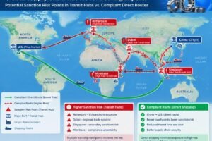 Diagram showing complex global supply chain routes highlighting potential sanction risk points in transit hubs versus compliant direct routes for bearing exports