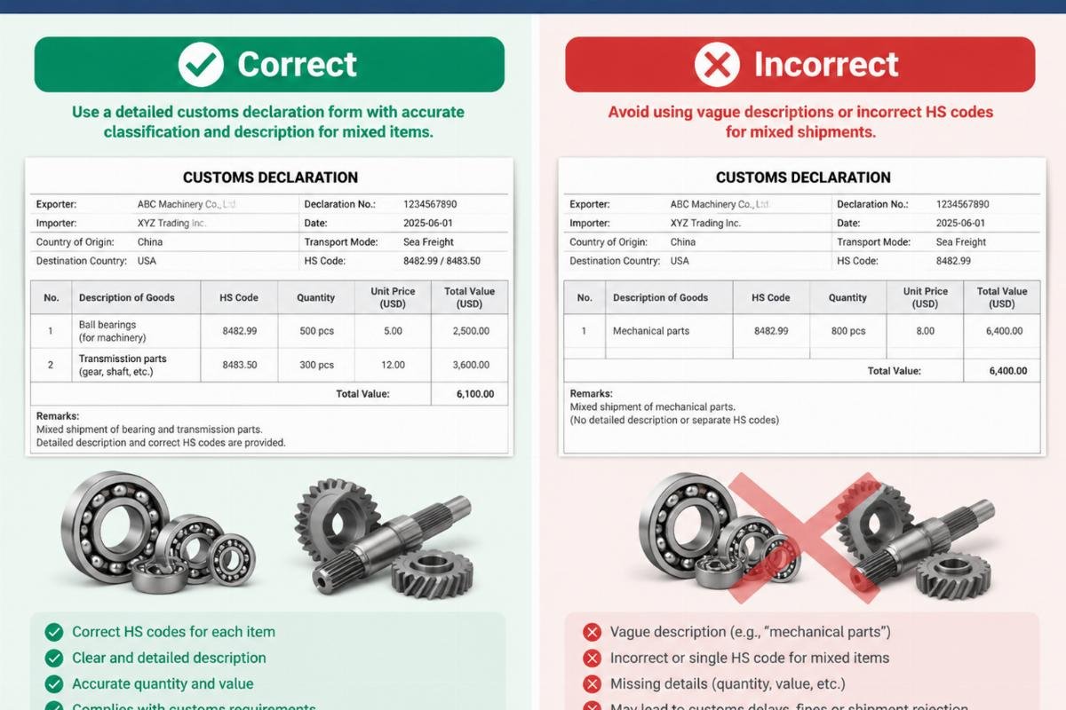 Diagram showing correct vs incorrect customs declaration forms for mixed bearing and transmission part shipments