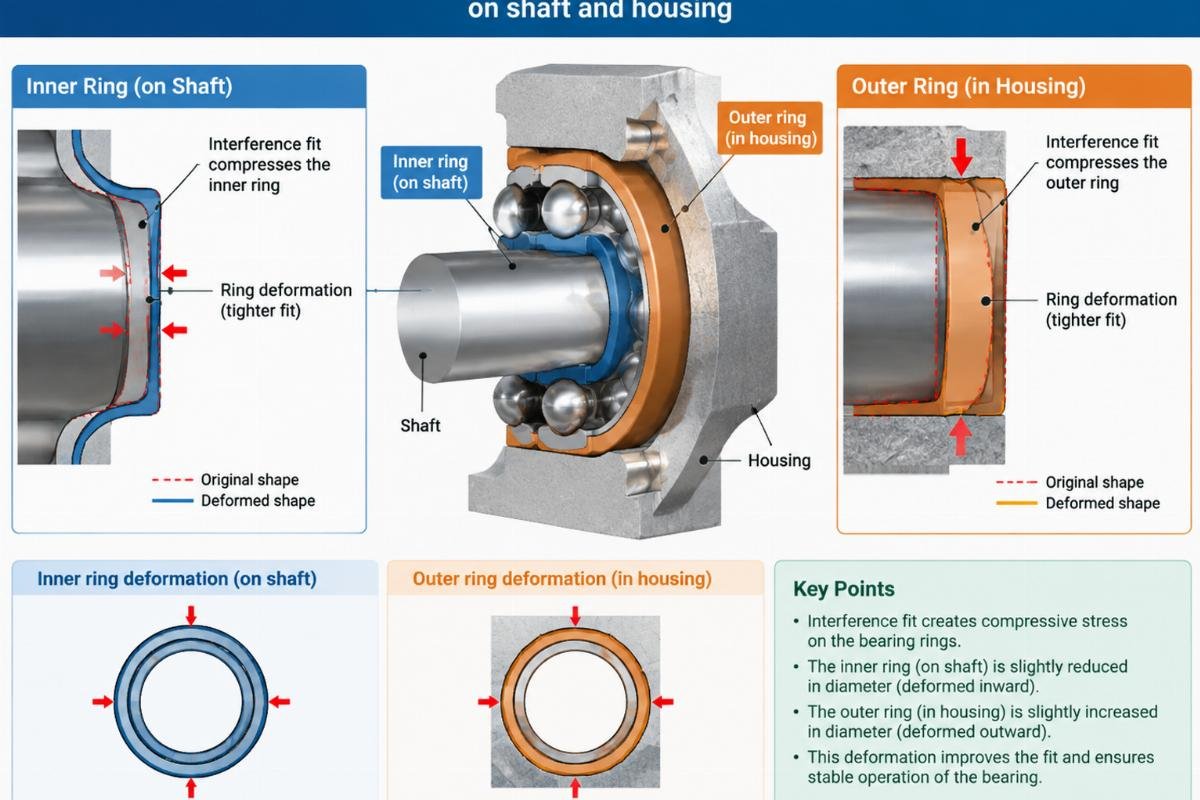 Diagram showing deformation of bearing rings due to interference fit on shaft and housing