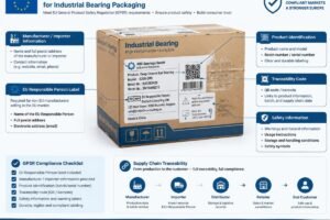 Diagram showing GPSR compliance requirements for industrial bearing packaging including EU Responsible Person label and traceability code