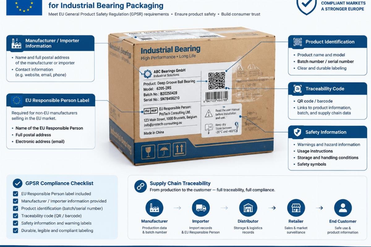 Diagram showing GPSR compliance requirements for industrial bearing packaging including EU Responsible Person label and traceability code