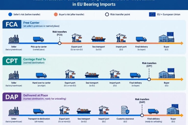 Diagram showing risk transfer points for FCA, CPT, and DAP Incoterms in EU bearing imports