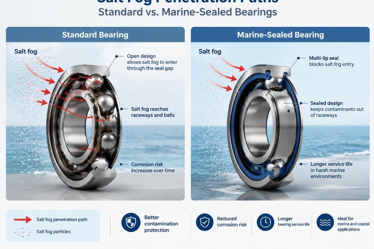 Diagram showing salt fog penetration paths in standard vs. marine-sealed bearings