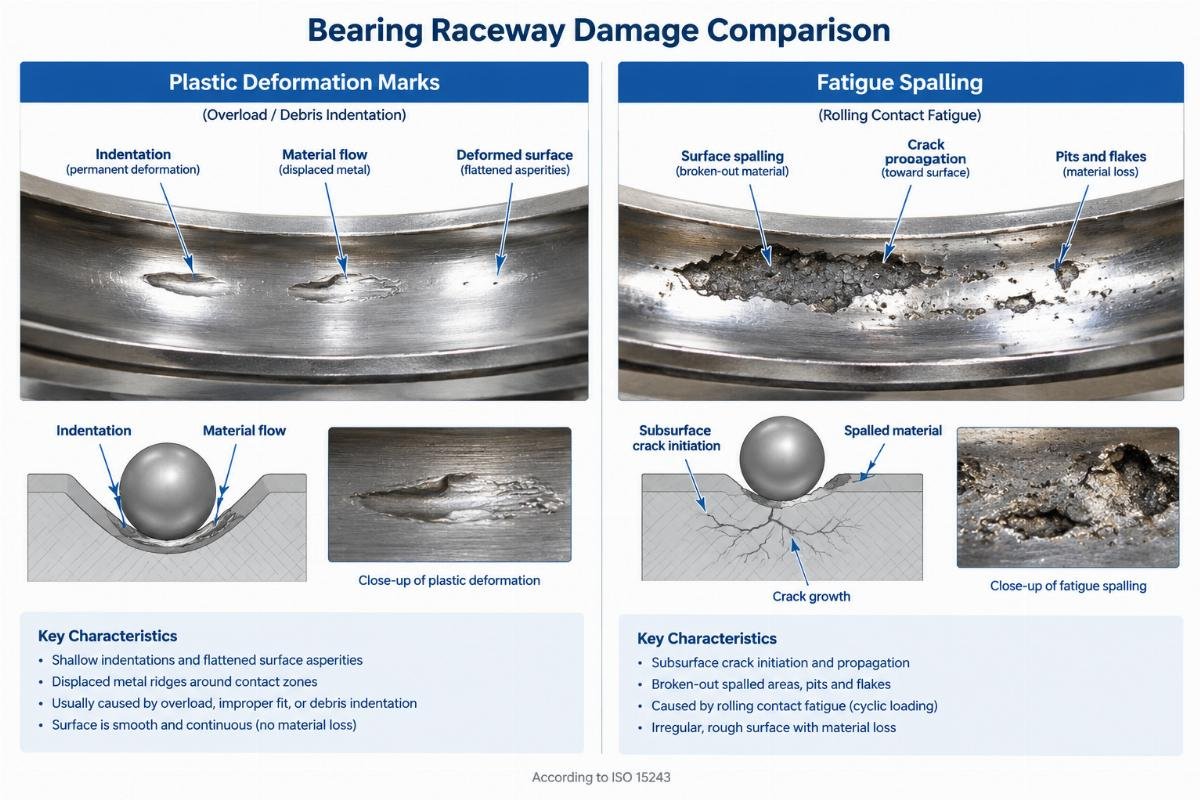 Diagram showing side-by-side comparison of plastic deformation marks versus fatigue spalling on a bearing raceway according to ISO 15243