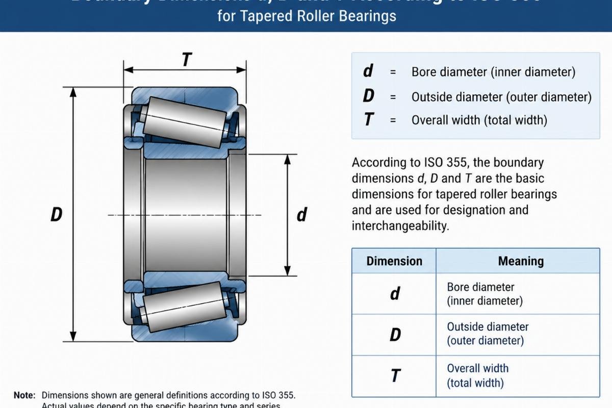 Diagram showing the boundary dimensions d D and T according to ISO 355 for tapered roller bearings
