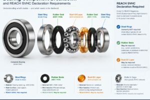 Diagram showing the breakdown of a bearing into steel rings, rubber seals, and rust oil layers, highlighting which components require REACH SVHC declarations
