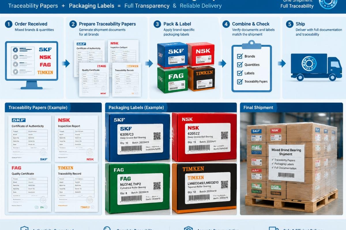 Diagram showing the correct documentation flow for mixed-brand bearing shipments including traceability papers and packaging labels