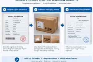 Diagram showing the critical evidence chain for bearing returns including original export declaration, unbroken packaging photos, and return authorization documents