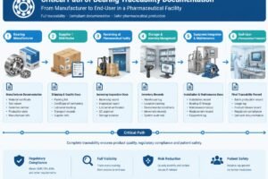 Diagram showing the critical path of bearing traceability documentation from manufacturer to end-user in a pharmaceutical facility