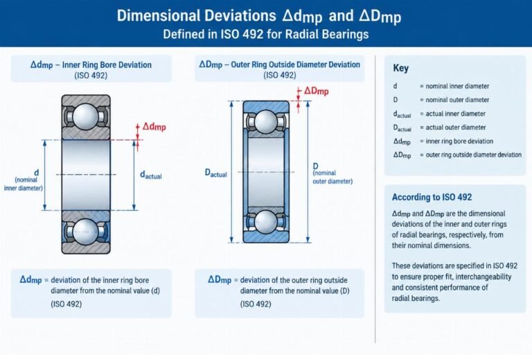 Diagram showing the dimensional deviations Delta dmp and Delta Dmp defined in ISO 492 for radial bearings