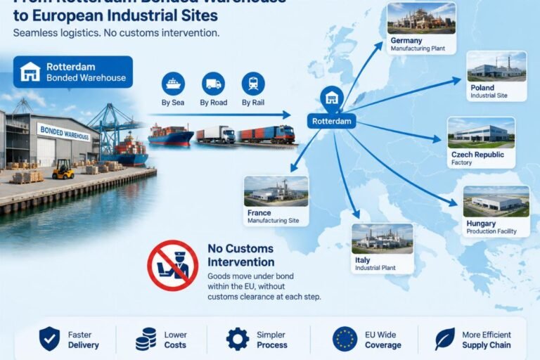 Diagram showing the flow of goods from a bonded warehouse in Rotterdam to various European industrial sites without customs intervention
